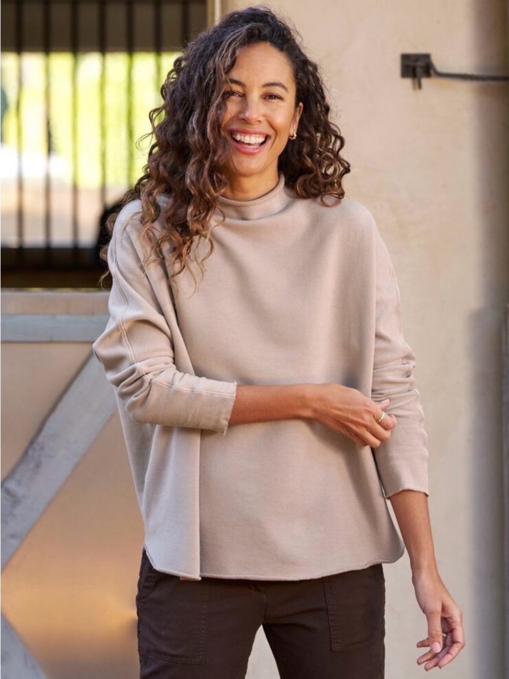 Frank & Eileen Effie Funnel Neck Capelet Sweatshirt Biscotti Tan/Beige Size M